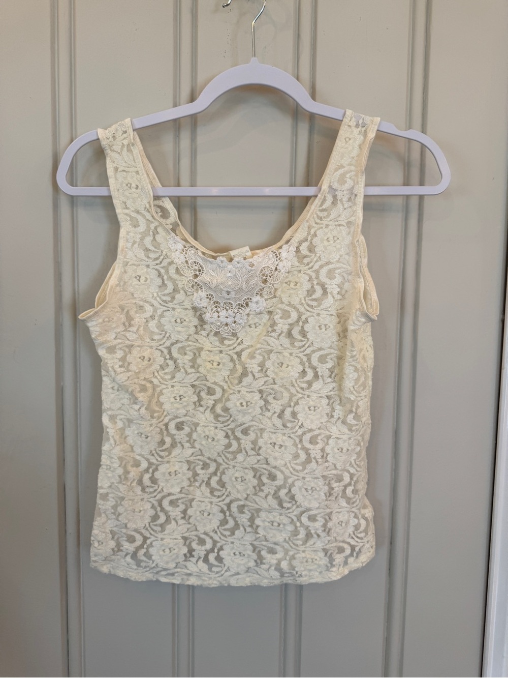 Vintage Women’s Lingerie Cream Lace Tank Top Crochet Detail Size Small Stretch